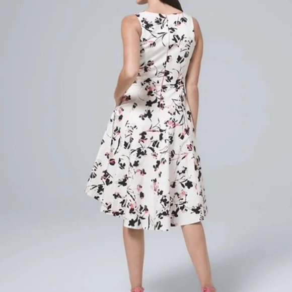 White House Black Market Ecru & Goddess Floral Sateen Fit & Flare Dress Sz8P NWT - Picture 3 of 15